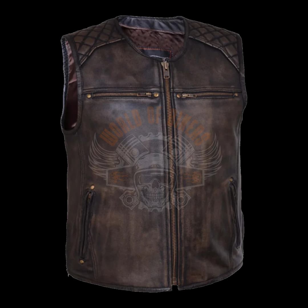 WoB Vintage Quilted-Shoulder Zip Leather Vest